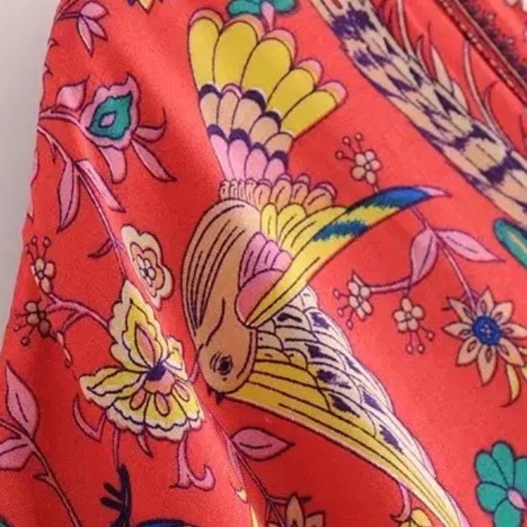 Red Boho Floral Bird Gypsy Print Maxi Long Dress - Picture 7 of 9